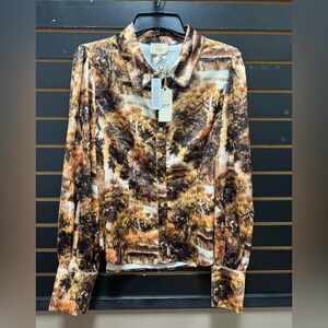 Sterling & Stitch NWT Vintage-Style Nature Print Blouse XL Brown Gold Button-Up
